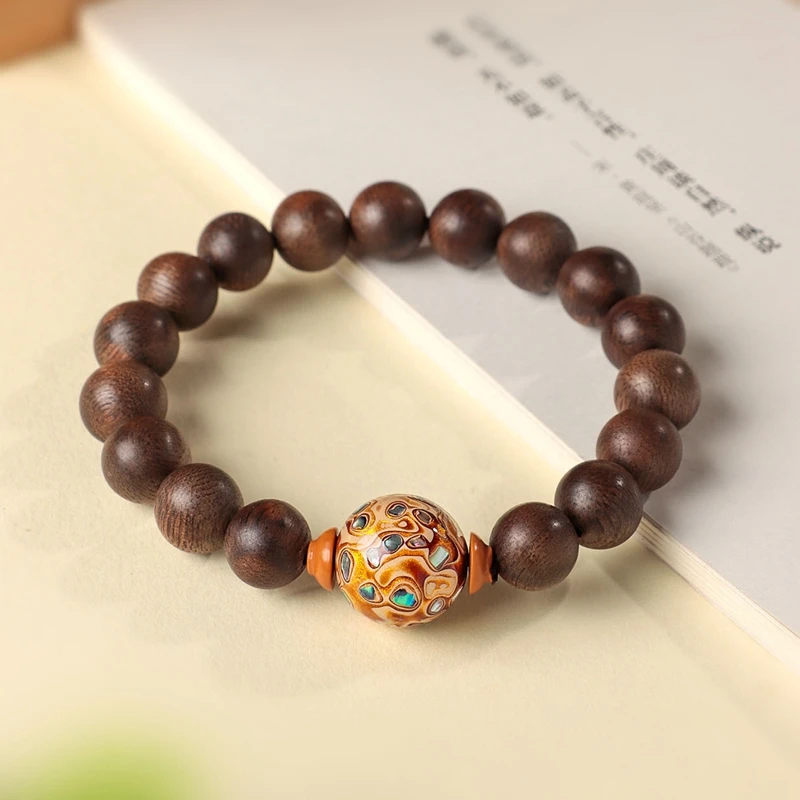 

11MM Natural Agarwood Beaded Strand Elastic Bracelets for Women Men Vintage Handmade Big Chinese Lacquer Bead Charm Bangle 1660