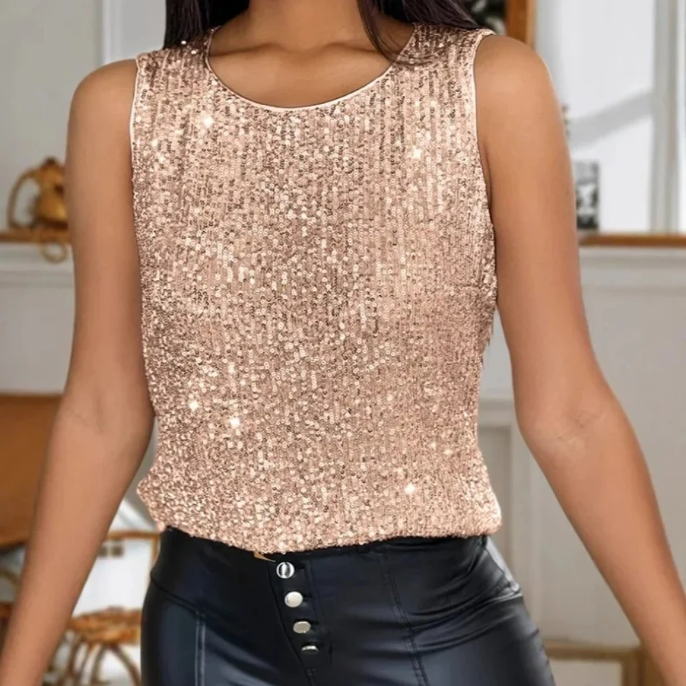 New Women's Bling Sequined Tank Top Glitter Loose Round Neck Sleeveless Slim Fit Casual Vest Sexy Office Party Club Streetwear