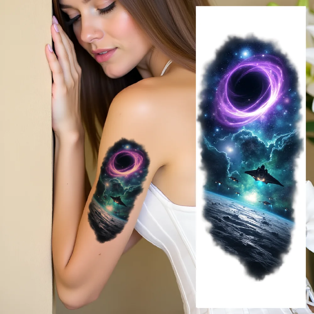 

12 шт., временные татуировки, планеты, реалистичные временные татуировки, медузы, космический шлем, красочный реализм, туманность для бедер, мужские руки