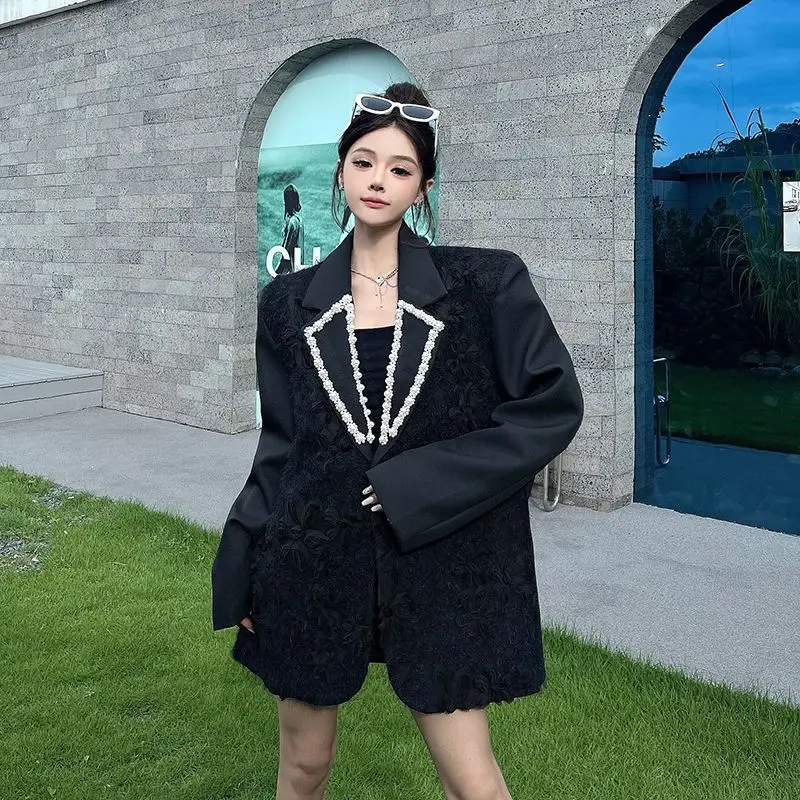Spring New Jacquard Pearl Collar Blazer For Women Niche Design Luxury Elegant Padded Shoulder Top Black Jacket Kawaii Korean