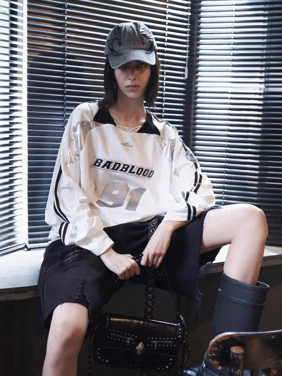 Badblo*d American Retro Sport Sle Long Sve T-shirt Letterborduurwerk Patchwork Loose Fit Ball Jersey voor dames