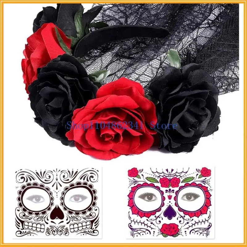 5asd Day of The Deads Costume Sugar Skull Costume Accessories Day Of The Deads Face Tattooed Stickers Veil Headbands Gifts