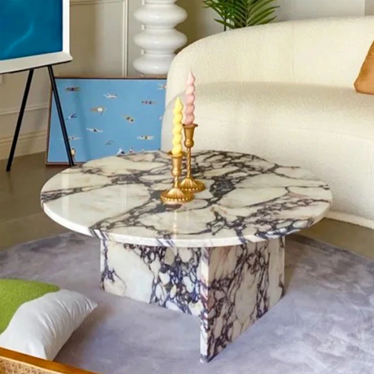 Italian Calacatta Viola Marble coffee table and round board and plinth for hotel decoration