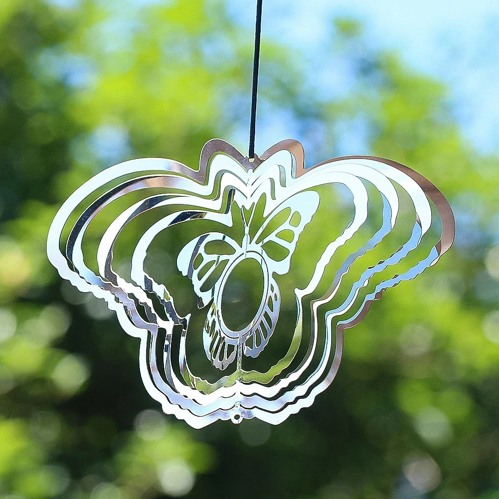 3D Silver Butterfly Rotating Wind Chime Stainless Steel Reflector Bird Repeller Hanging Garden Patio Ornaments Home Decor