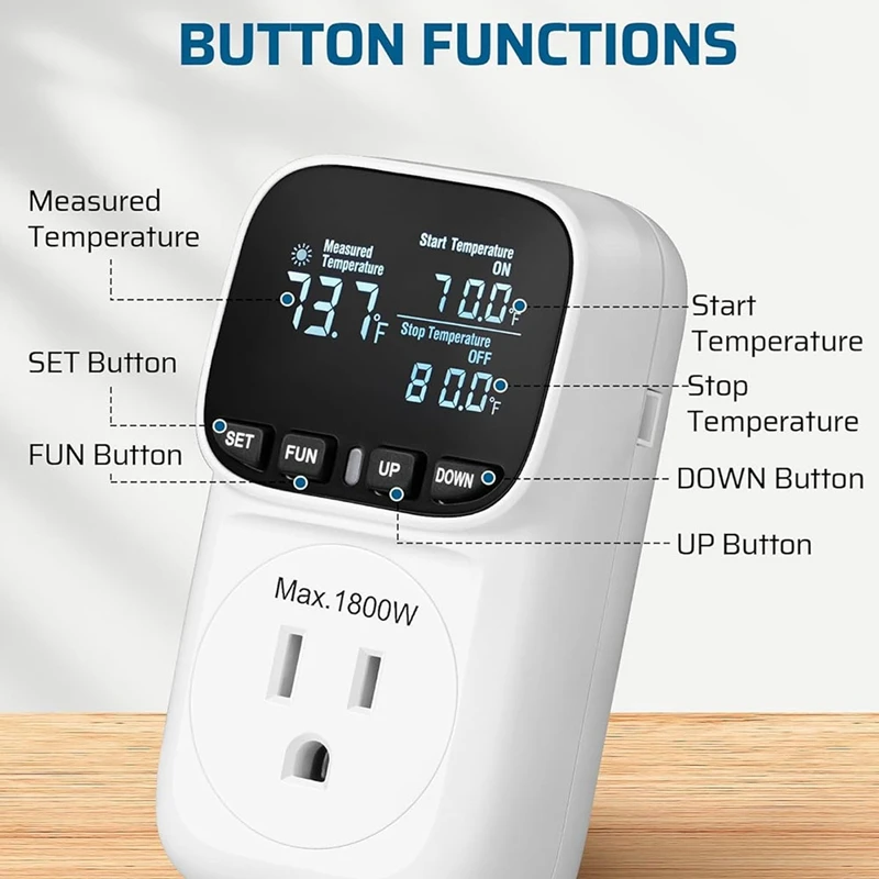 24-Hour Delivery Digital Temperature Controller,15A/1800W Thermostat Outlet Plug,-40℉-210℉, Cyclic Timing/Countdown,For Incubato