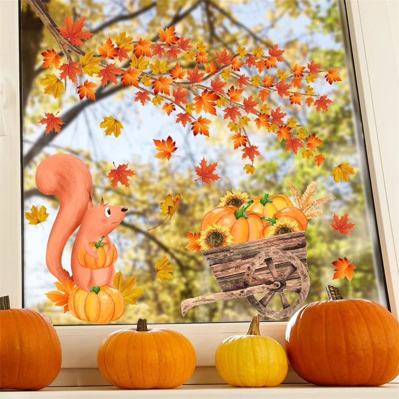 Golden Maple Leaf Window Sticker Autumn Pumpkin Fox Wall Sticker For Kids Room Decals Thanksgiving Autumn Wallpaper Home Decor