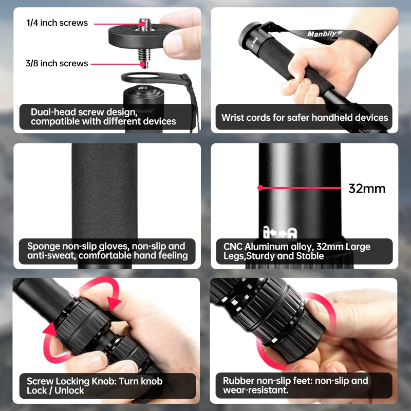 Manbily الألومنيوم Monopod يده المدمجة المحمولة قابل للسحب كاميرا Monopod 7-قسم لحد أقصى. سعة الحمل 5 كجم/11.02 رطل
