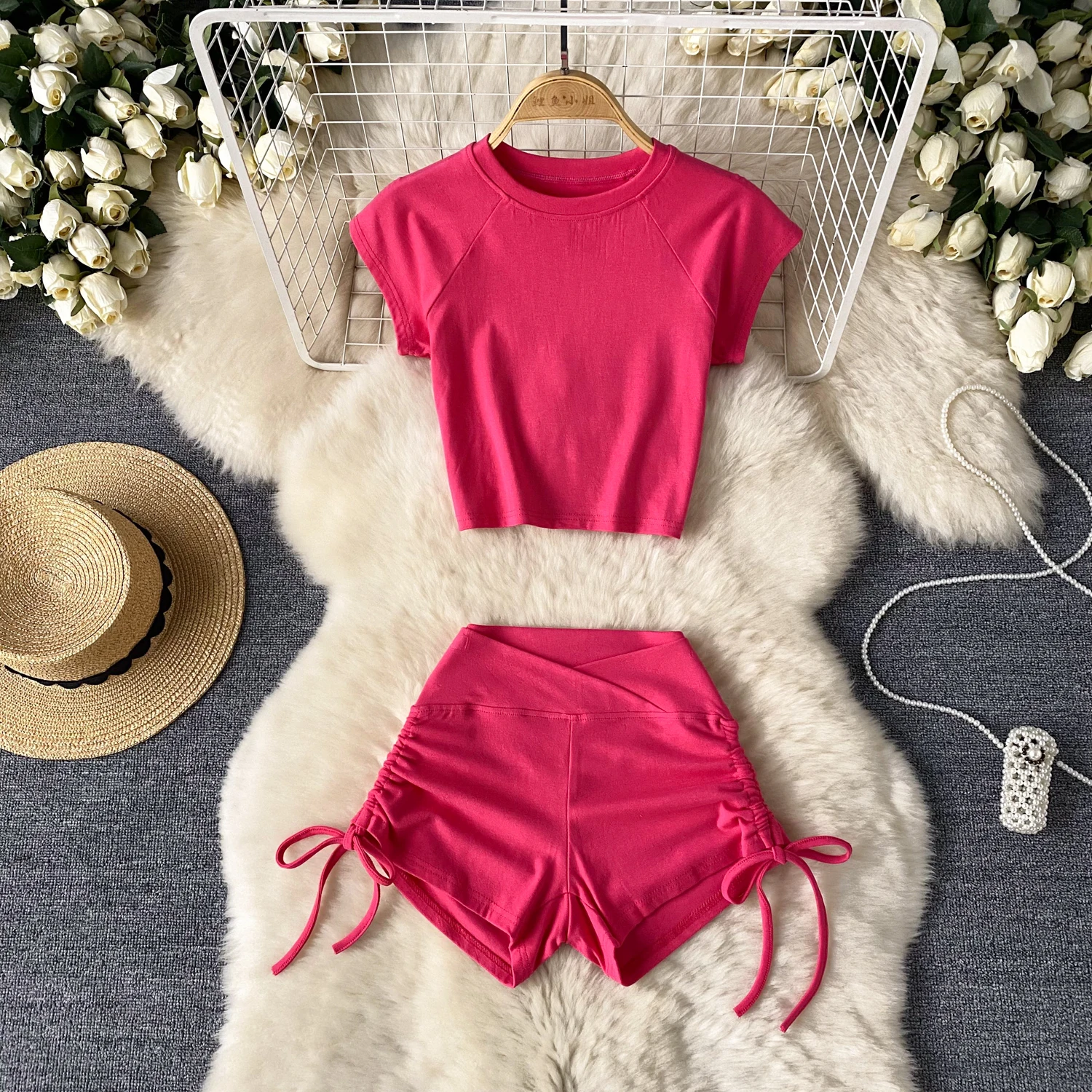 Sexy Chic Pieces Sets High Waist Shirring crop top short sleeve with shorts Women Vacation Summer Sets