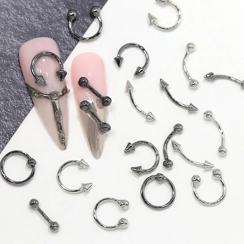 20 pçs punk metal arco barra circular rebite caviar seta cabeça branco k arma liga preta arte do prego strass decorações manicure encantos