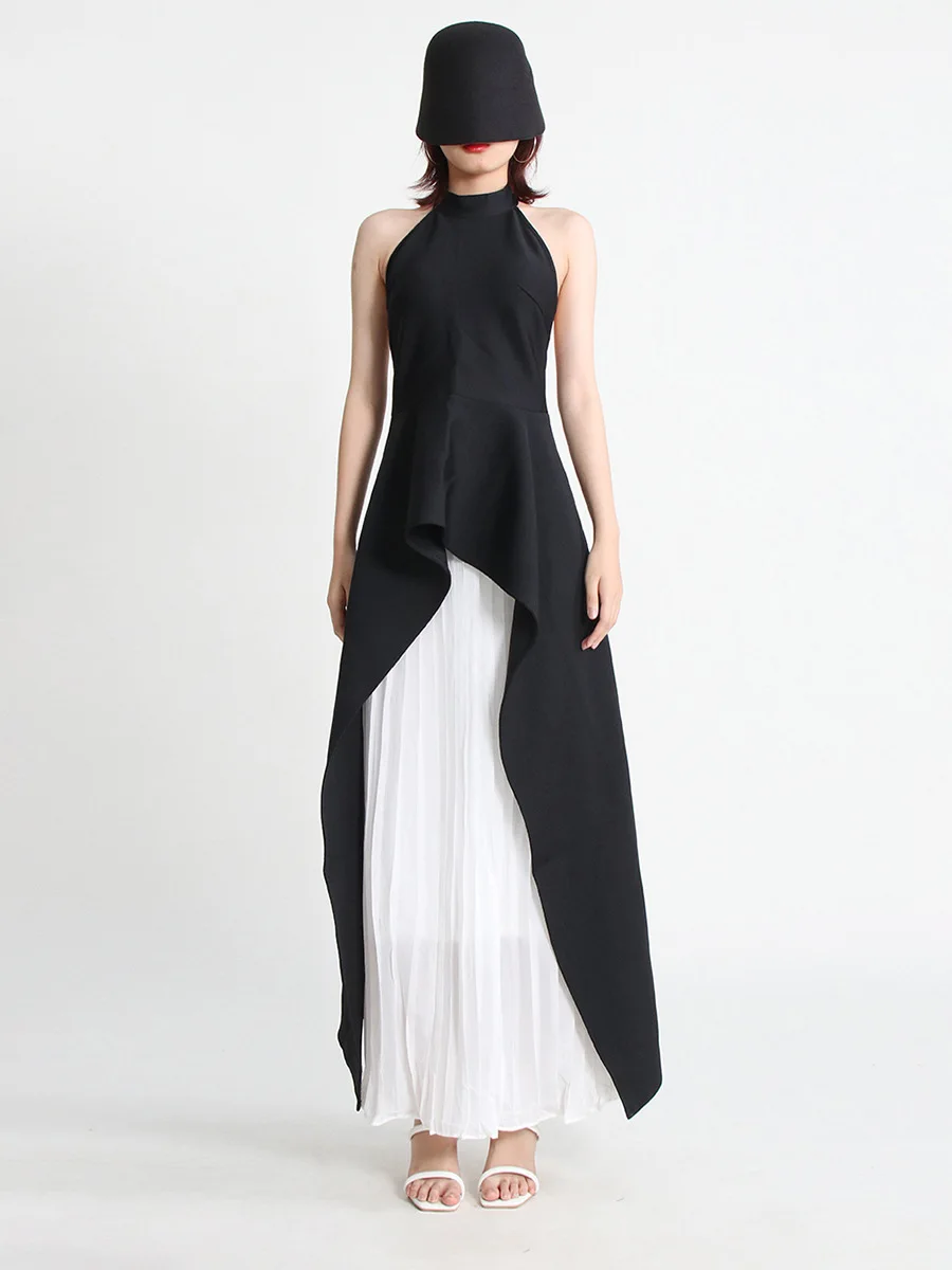 

Female Clothes Temperament Two Piece Set For Women Halter Collar Irregular Tops High Waist Pleated Midi Skirts Street Outfit
