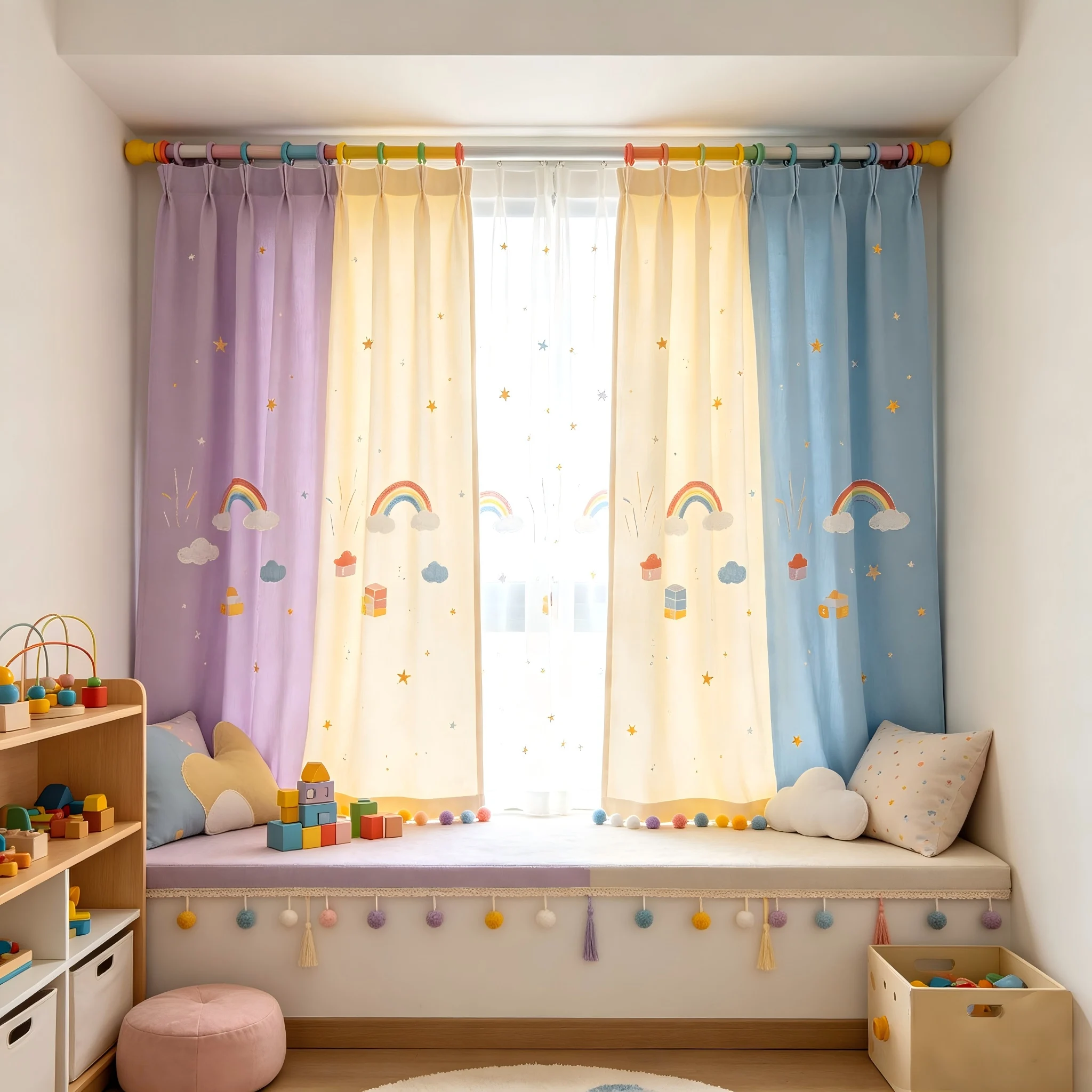 200319   Children's playroom corner: light purple x light yellow x sky blue cotton linen, rainbow cloud printed curtains