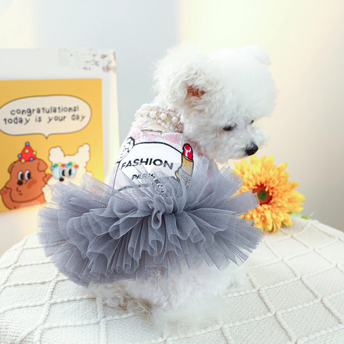 1PC Pet Clothing Dog Spring Autumn Pink Lipstick Mountain Tea Flower Princess Dress With Drawstring Buckle For Small Medium Dogs