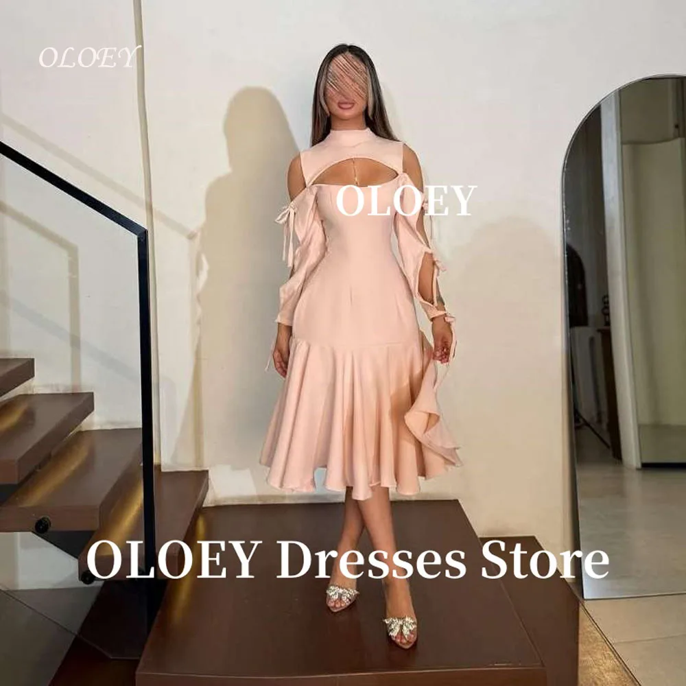 

OLOEY High Neck Blush Pink Evening Party Dresses Knee length Long Sleeves Prom Gowns Arabic Women Formal Party Customized