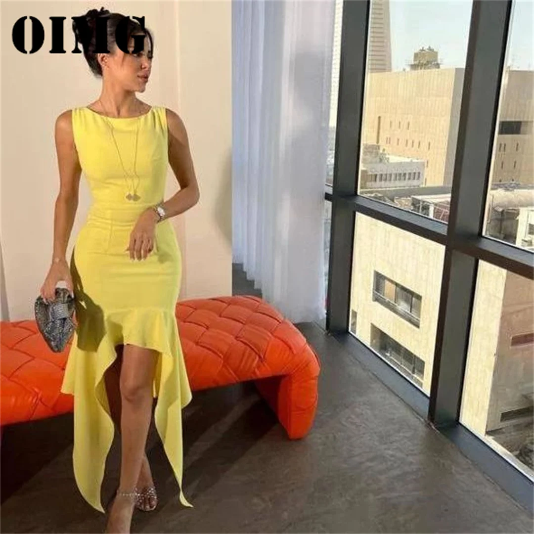 

OIMG Boat Neck Sleeveless Prom Dresses Saudi Arabic Women Satin Sheath Yellow Backless Evening Gowns Occasion Formal Party Dress