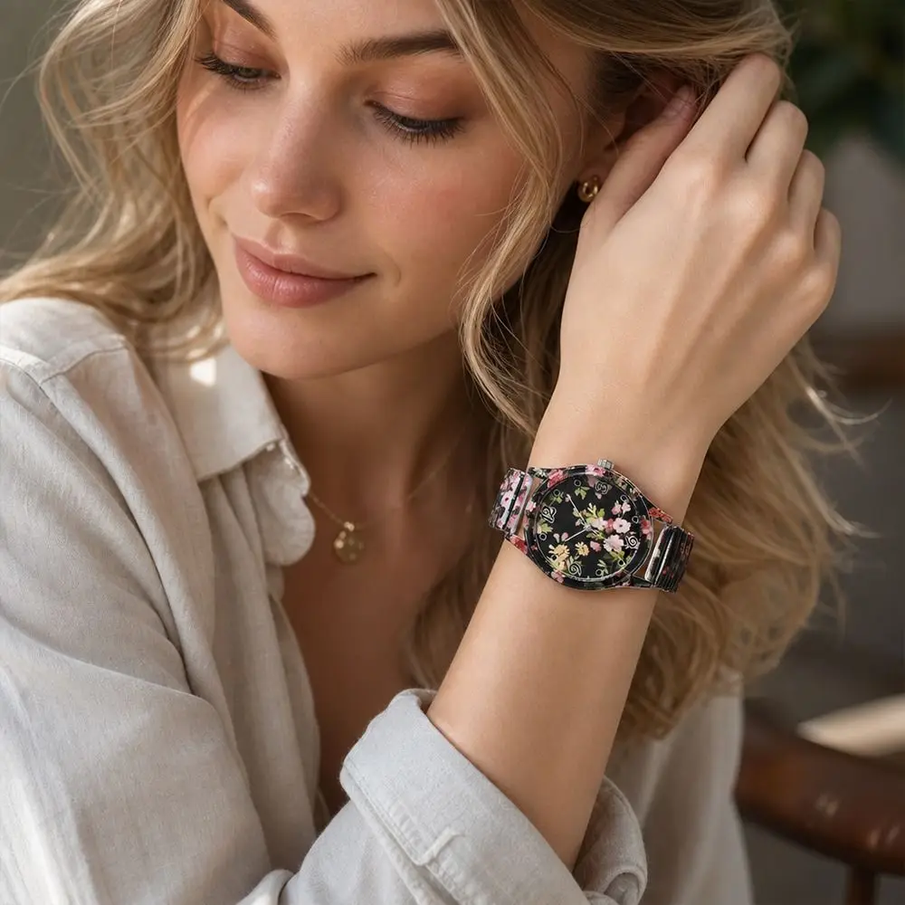 Flower Printed Flower Printed Watch Lightweight Elastic Strap Arabic Dial Watch Quartz Movement Women Quartz Wristwatch