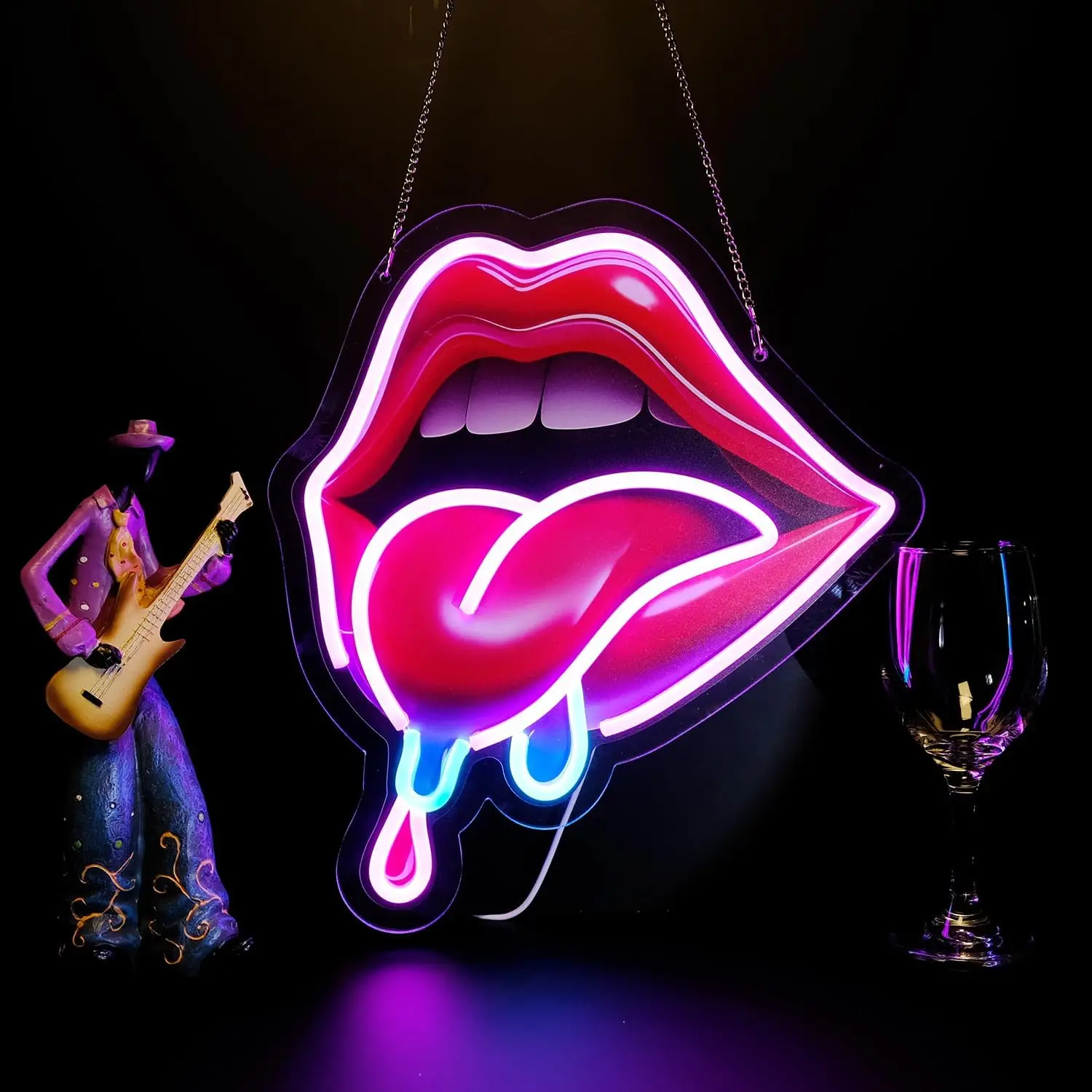 

Lips Neon Light Sign Purple Pink Glow Neon Sign Dimmable for Men Cave Club Party Bar Decor LED Wall Art Chain Hanging Cool Gift