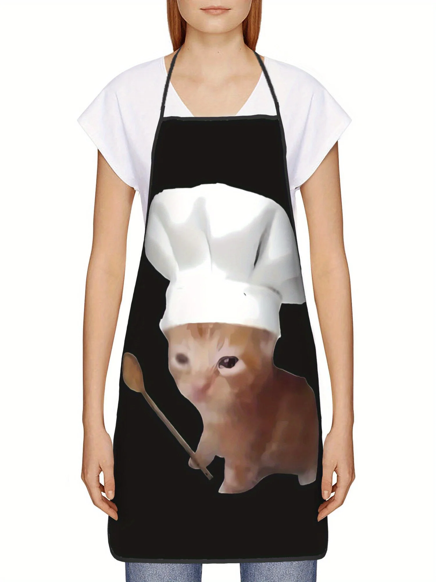 Lustige Chef-Schürze mit weinender Katze, Küchenschürze mit niedlichem Ingwer-Tabby-Kochmütze, leicht zu reinigen, zum Kochen und Backen zu Hause – Detail 3