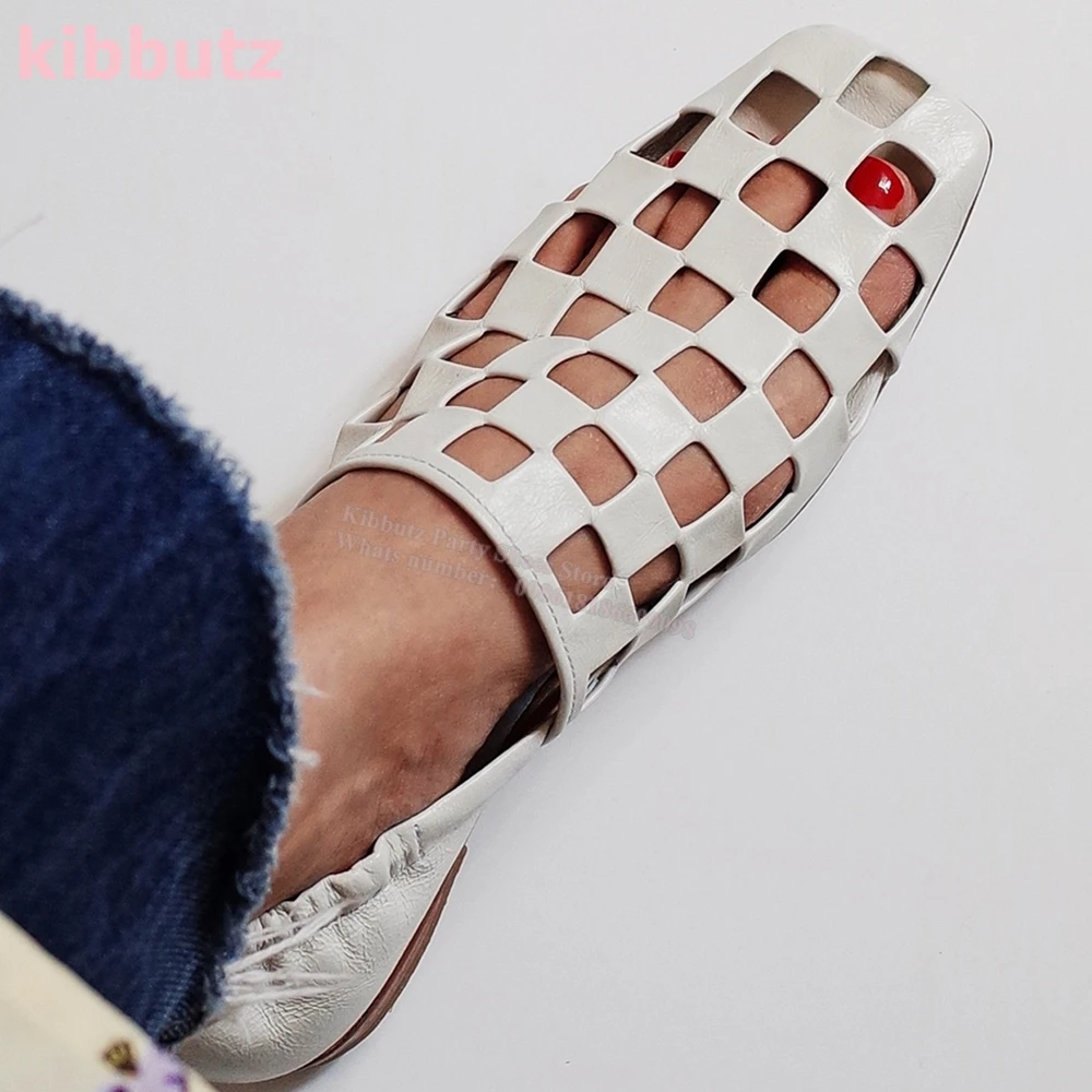 Hollow Mule Pumps Square Toe Flat With Genuine Leather Solid Color Slip-On Comfortable Elegant Novelty Dress Women Shoes Newest