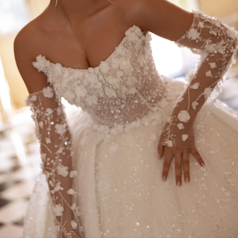 فاخر الشمبانيا دبي العربية حورية البحر فساتين الزفاف ألف خط زين الديكور كريستال ذيل محكمة فستان الزفاف زي العرائس