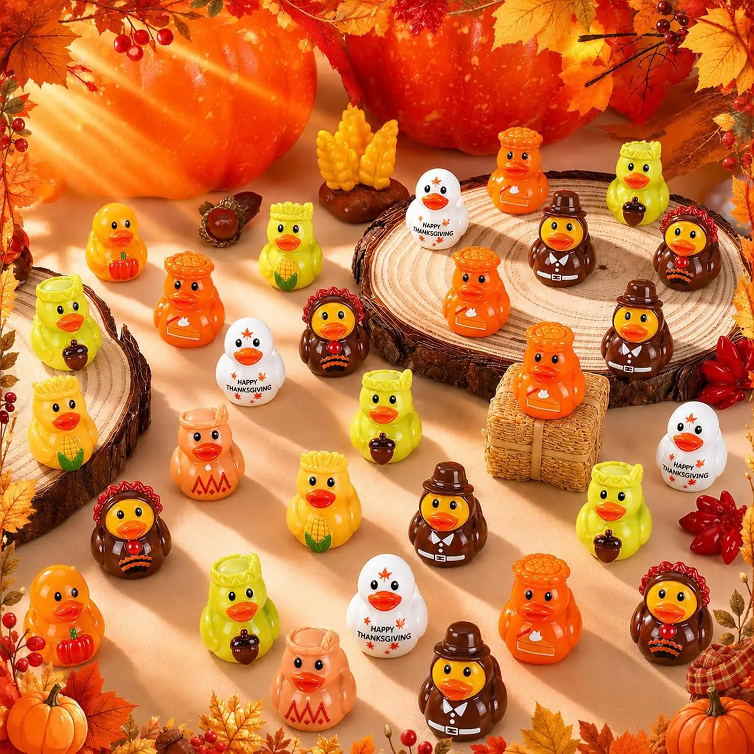 Thanksgiving Mini Resin Ducks 16Pcs 8 Styles Fall Tiny Duck Figures Autumn Miniatures for Party Favors Dollhouse Garden Decor