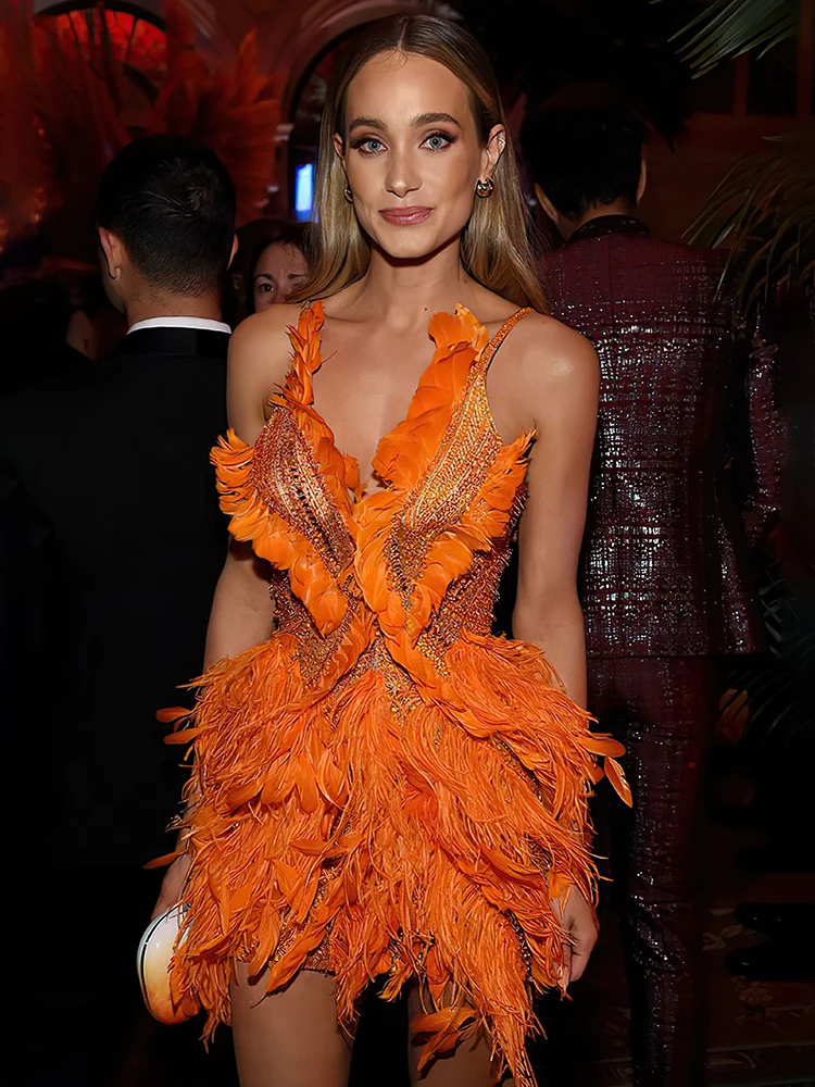 VC Glitter Orange Diamond Prom Dresses Sheer Mesh Sparkly Beading Crystal Rhinestones Feathers Embellished Birthday Party Dress