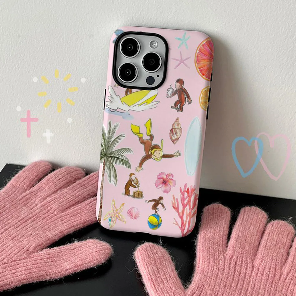 Funda de teléfono para iPhone 17 16 15 14 13 12 11 X XS XR Air Pro Max Plus, funda trasera de doble capa con diseño de mono curioso George de lujo