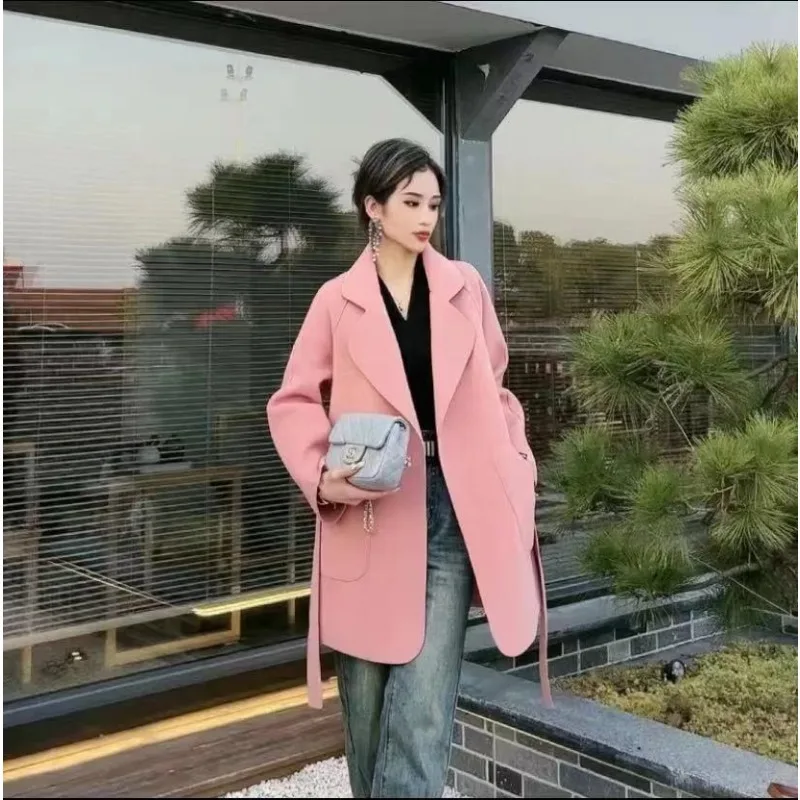 Trend Luxury Design-Forward Wool Coat Women's Trench Coat Belt Pockets Spring Autumn Tweed Jacket New Womens Fur Coat Solid