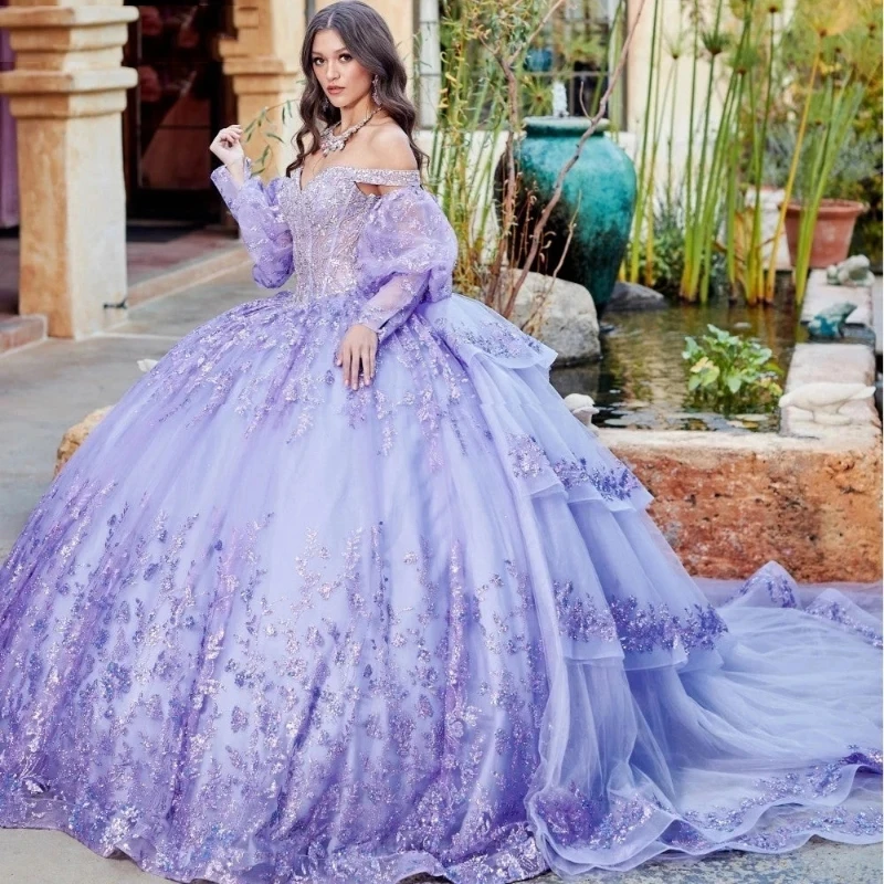 

Lavender Shiny Off The Shoulder Quinceanera Dress Beaded Prom Dress Ball Gown 3D Flowers Puffy Tiered Luxury Sweet 16 15 Robe De