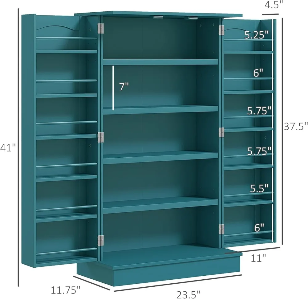 Mobiletto da cucina indipendente da 41" con 12 ripiani, doppie ante, portaoggetti regolabile in blu