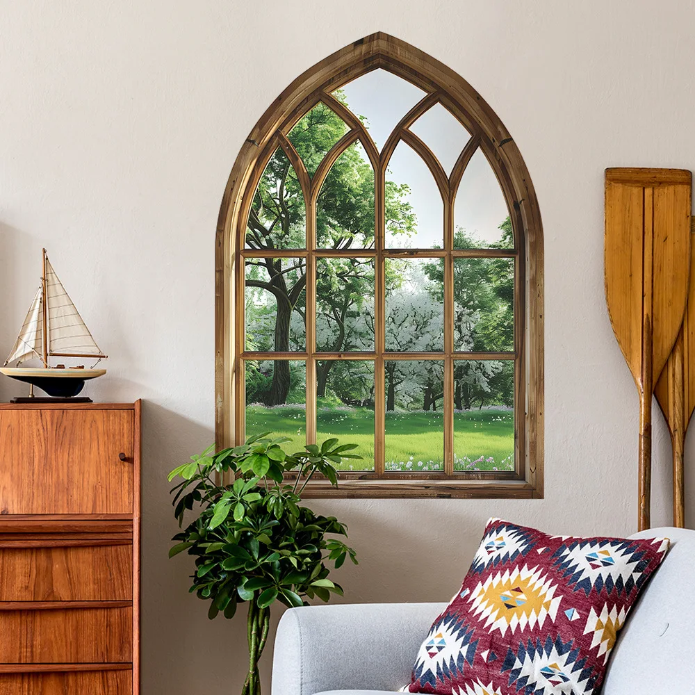 2 Sets Arched Fake Window Green Plant Wall Stickers Self Adhesive Removable Botanical Mural Decals for Bedroom Home Decor