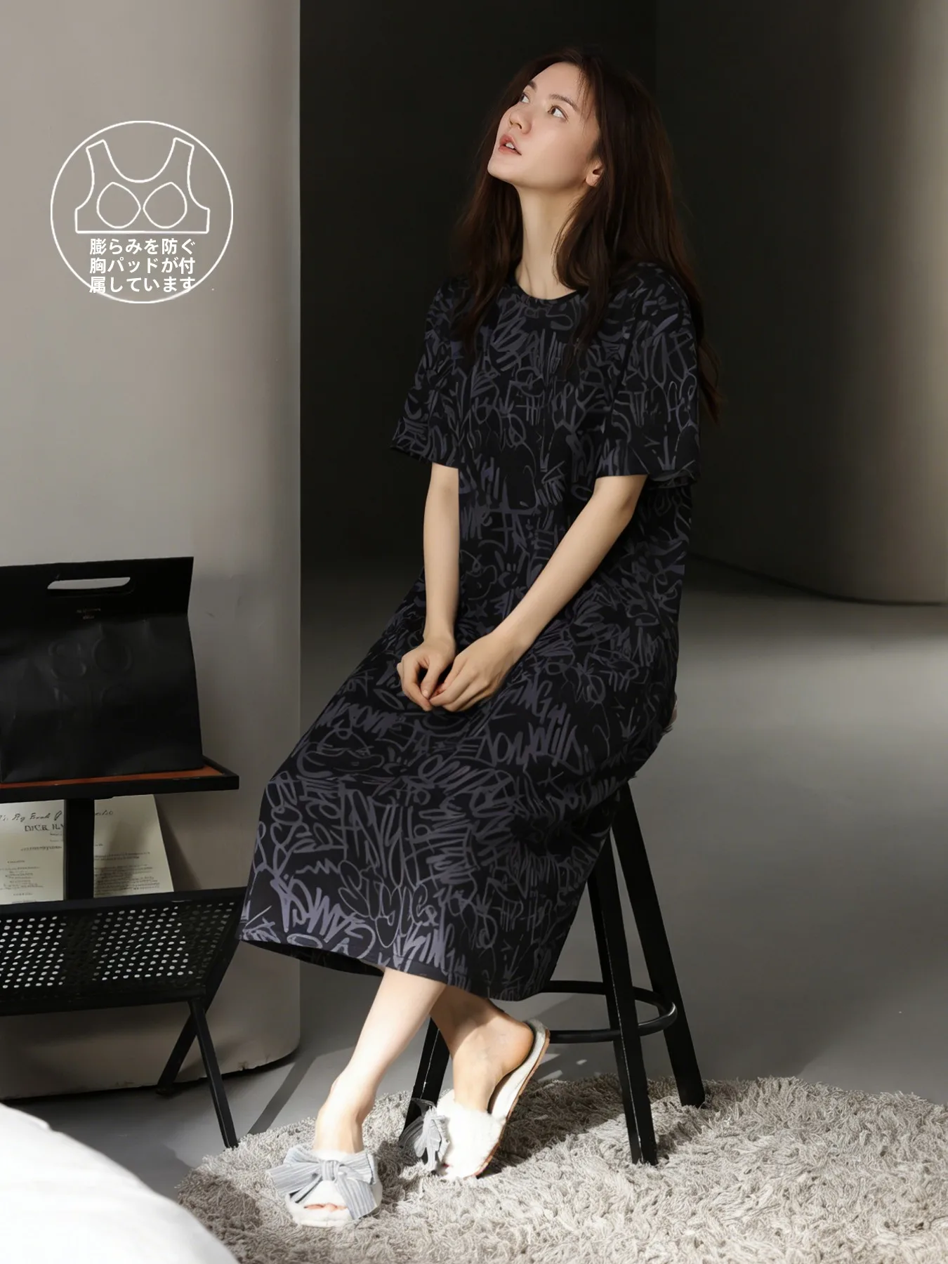 女性の綿の寝間着夏の新しいスタイルの花柄半袖ミディドレスホーム服胸パッド付きラウンドネックプルオーバー