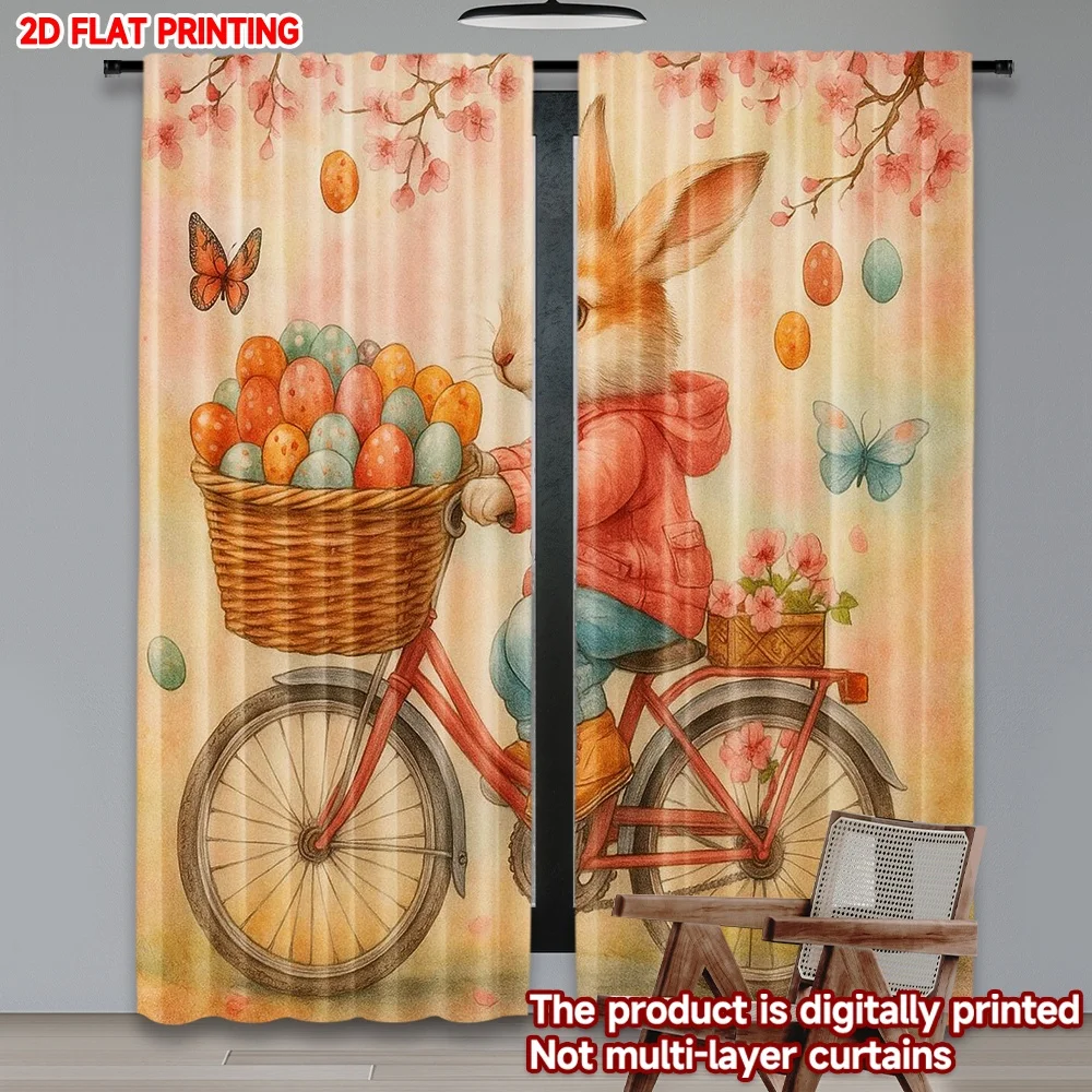 2pcs Bunny on Bicycle Curtains  Easter Rabbit with Colorful Eggs Spring Theme Design for Kids Room Living Room