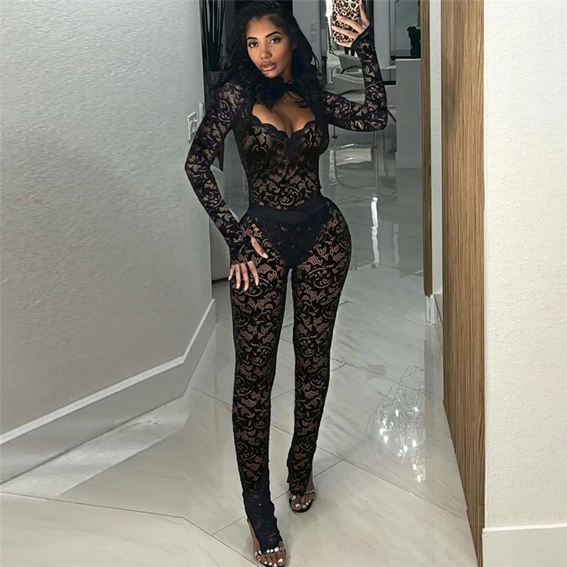 

Pant Sets 2 Piece Set Women Outfit Autumn Long Sleeve Black Lace Hollow Out Rompers And Skinnny Jogging Y2k Clothing Night Club