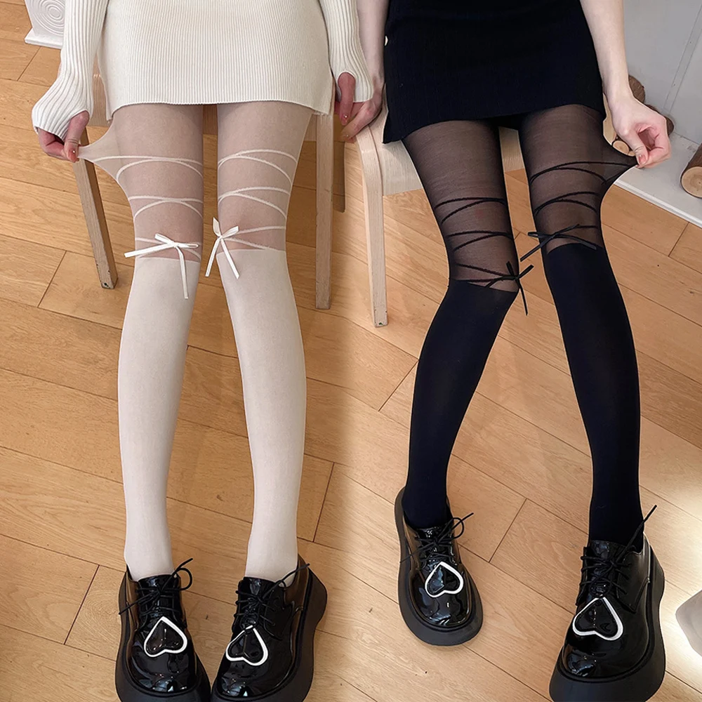 

Y2K Strap Bow Stitching Stockings Lolita Japanese Thin Section White Stockings Women Thigh High Socks Female Jk Black Pantyhose