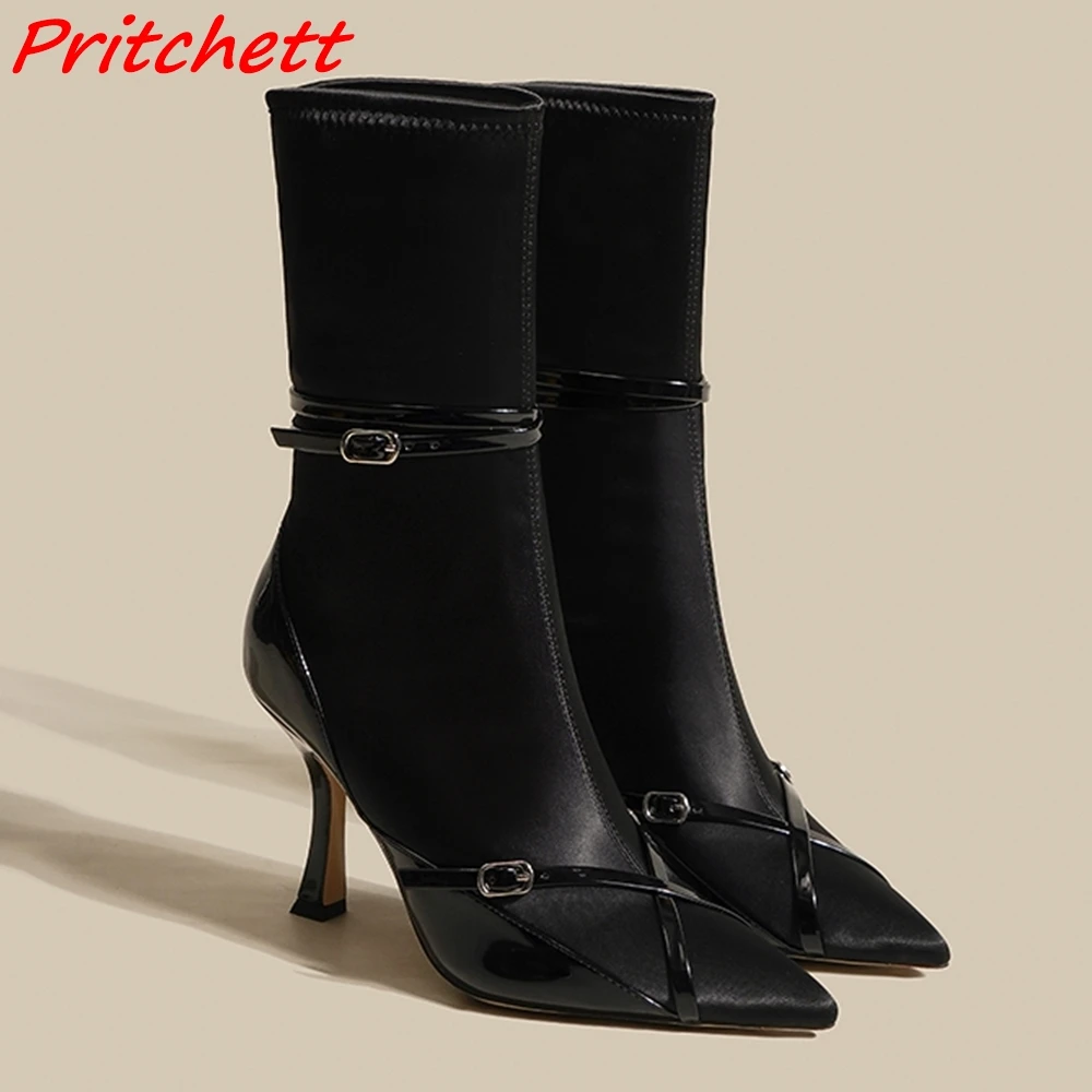 

Patent Leather Women Boots Cross Tied Buckle Strap Pointed Toe Slip On Stiletto Heels Mid Calf Boots Black Newest Strech Boots