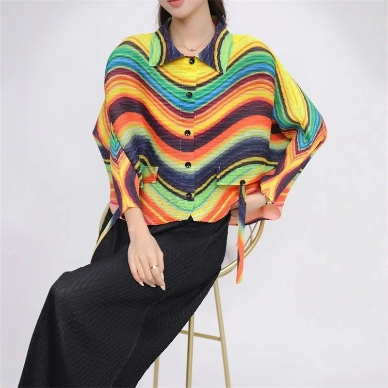 

Fashion Versatile Printed Drawstring Design Sleeve Shirt Fashionable Clothing 2025 Summer Flip Lapel Single Breasted Pleated Top