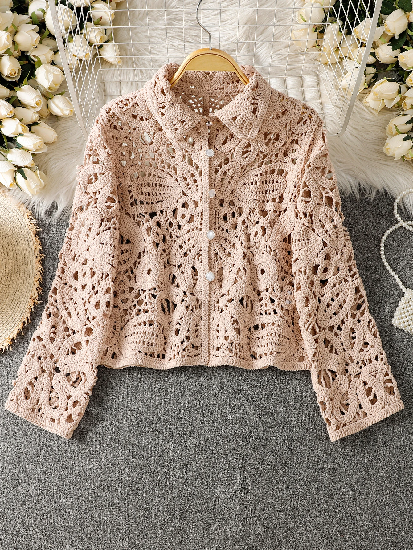 

Long Sleeve Crochet Knitted Cardigan Open Front Knitwear for Women Comfortable Breathable Casual Style