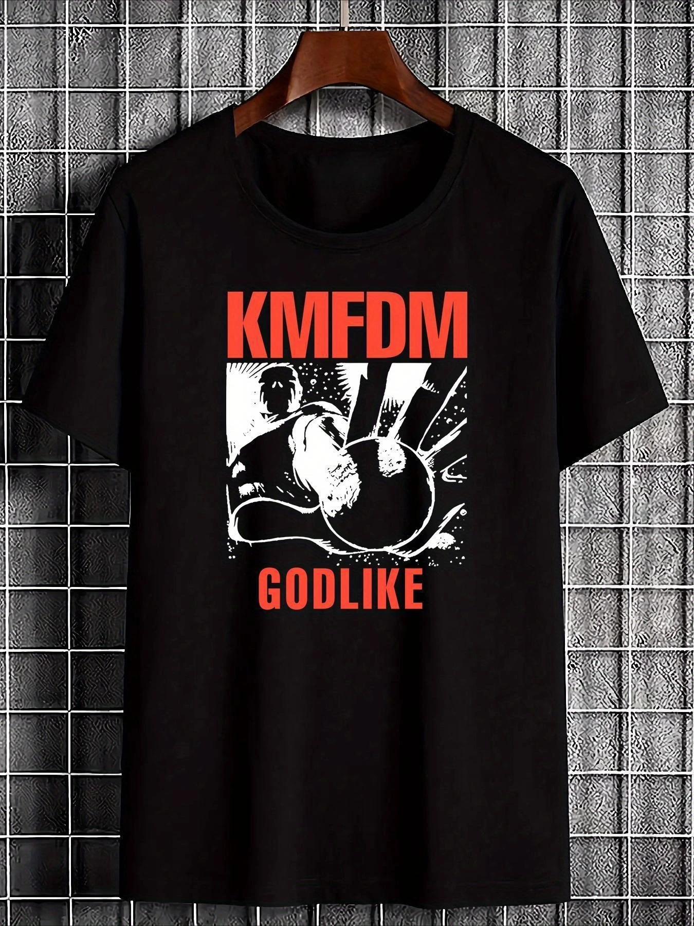 1990 KMFDM Cool Pattern T-shirt - Black unisex T-shirt with vibrant red and white design, soft and breathable short sleeves