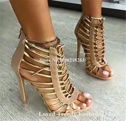 Fashion Gold Straps Pacthwork Stiletto Heel Gladiator Sandals Open Toe Beige Black Red Lace-up Thin Heel Wedding Shoes