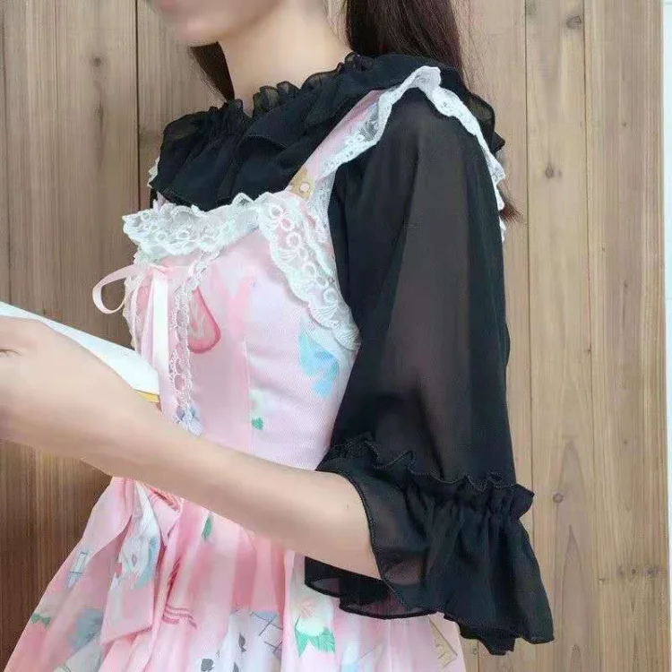 Harajuku Kawaii O-neck Fungus Shirts Women Summer E-Girl Thin Flare Sleeve Blouses Y2k Bottoming Lolita Fairycore Blouse Mujer