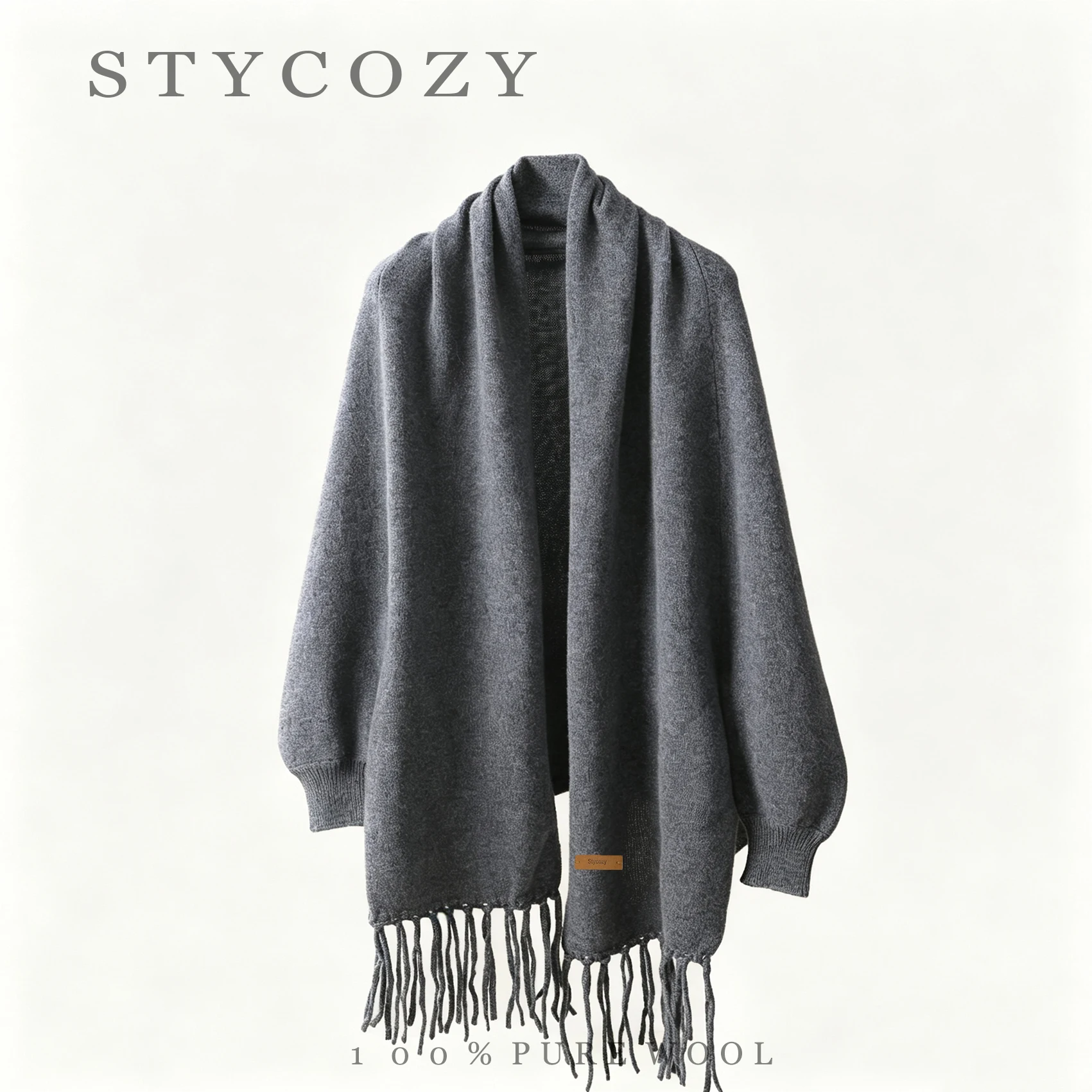 100% Pure Wool Solid Tasseled Long Shoulder Wraps Ladies Fluffy Knitted Cape Oversized Scarves Winter Warm Cozy Sleeve Cardigan
