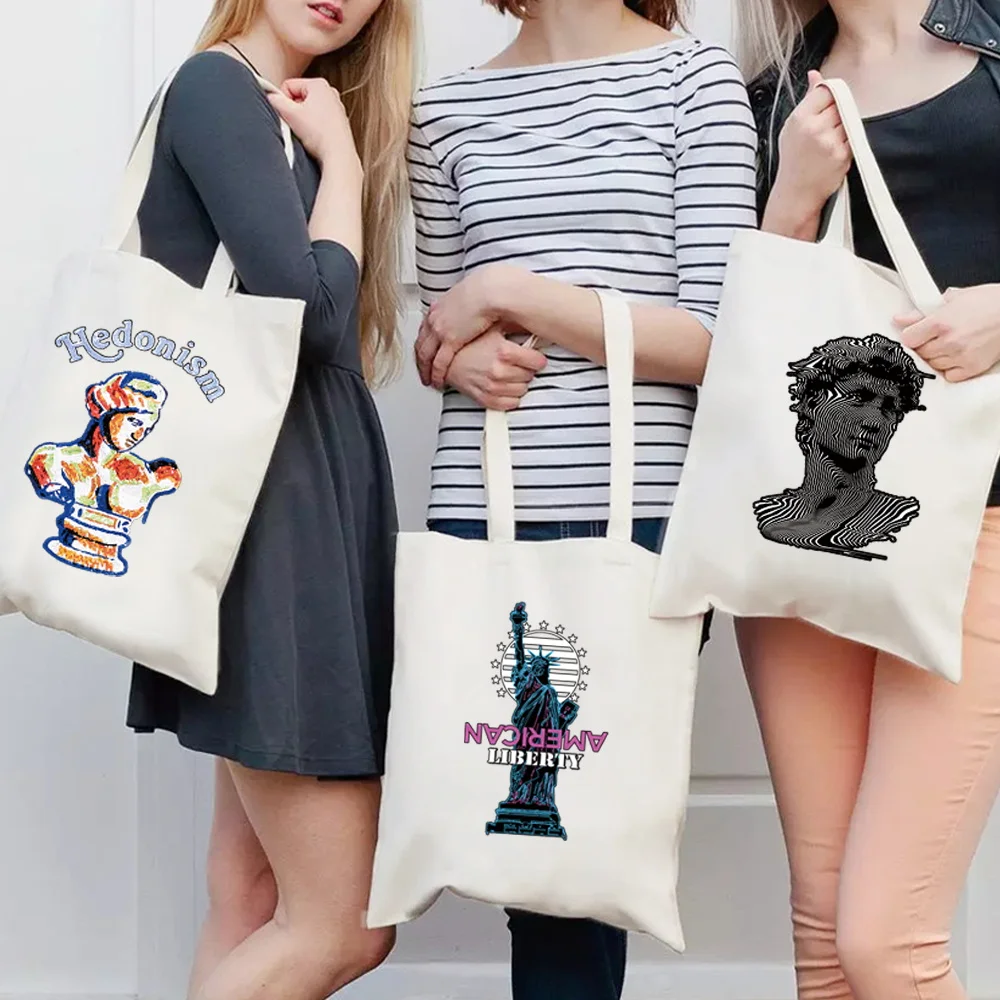 

High Quality Shopping Bag Casual Canvas Tote Bag Fashion Sculpture Print Travel Shoulder Bag Women Eco Shopper Foldable Handbags