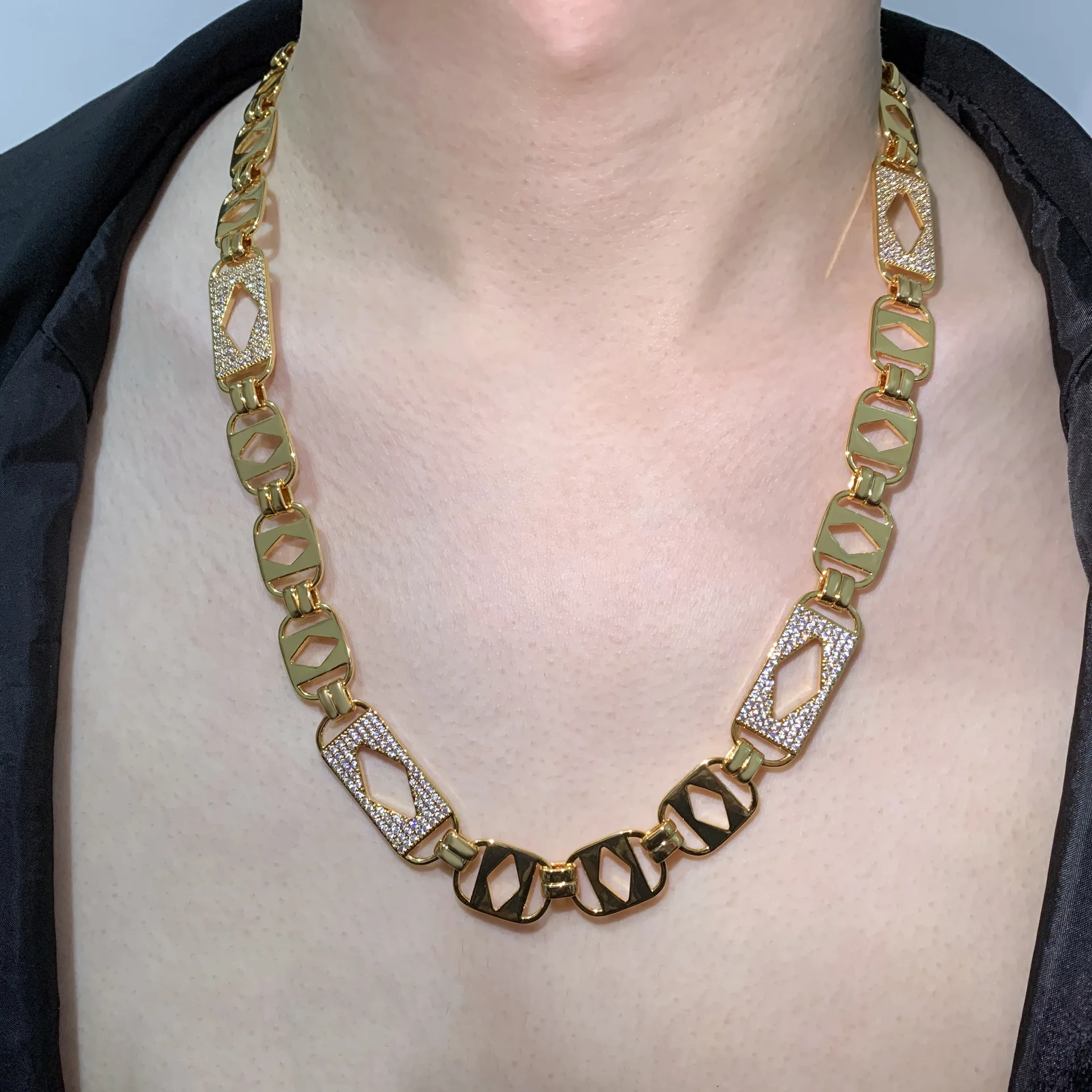 14mm Chunky Hollow Rhombus Link Necklace Copper Inlaid CZ Stone Hip Hop Bling Statement Necklace Men Women Street Jewelry