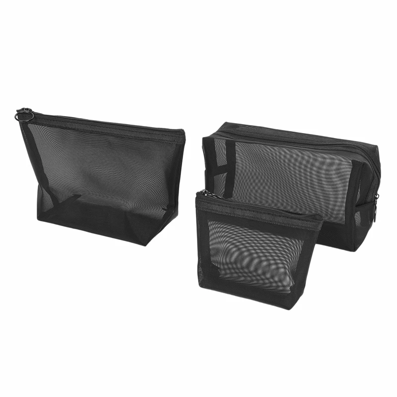 Hot Kf-3Pcs/Set Black Mesh Clear Cosmetic Bag Beauty Wash Bags Makeup Case Travel