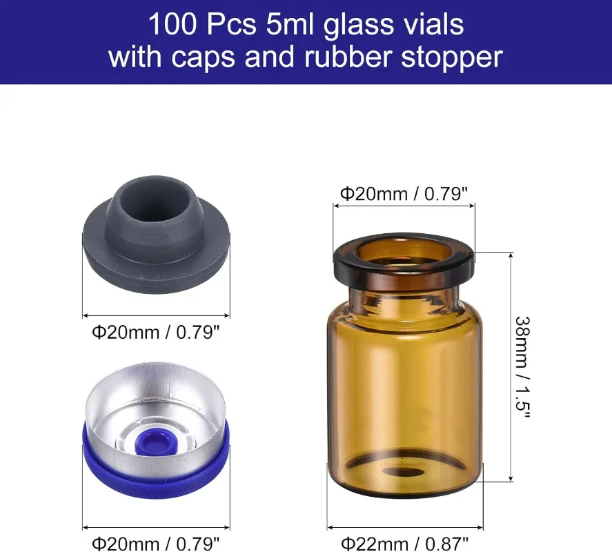 5ml Glass Vials, 100pcs Glass Vial Small Glass Vials Empty Sample Bottle Mini Clear with Caps Seal Port for Lab Plants, Brown