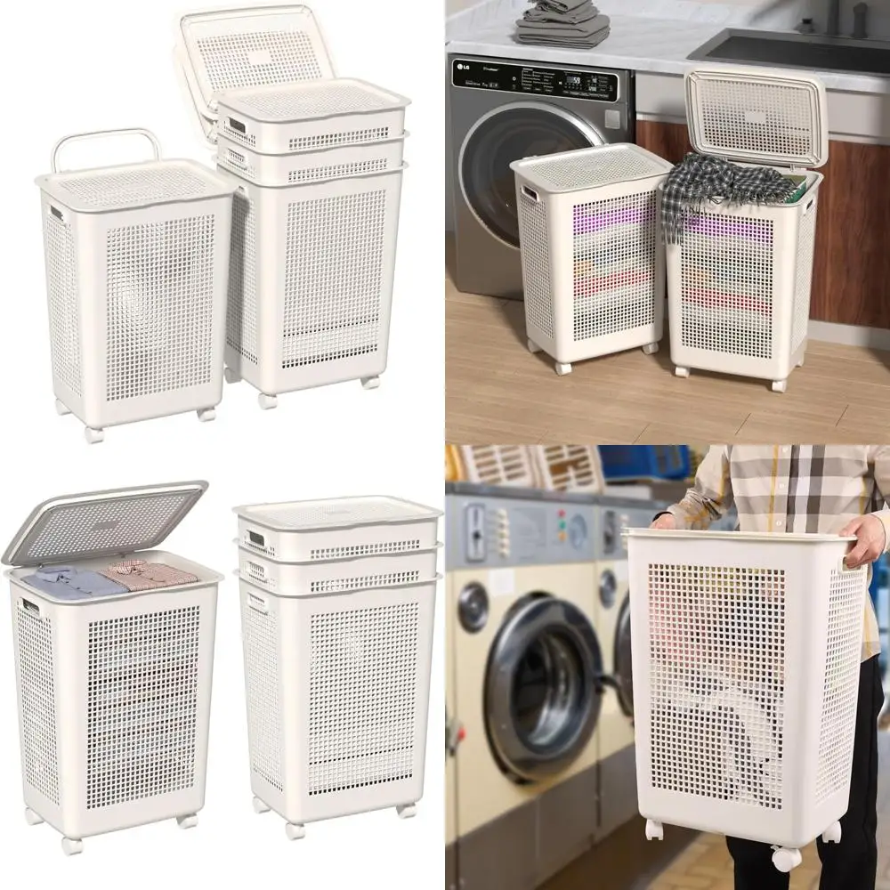 

Большая 65-литровая корзина для белья с крышкой и колесиками, набор из 4 корзин для хранения