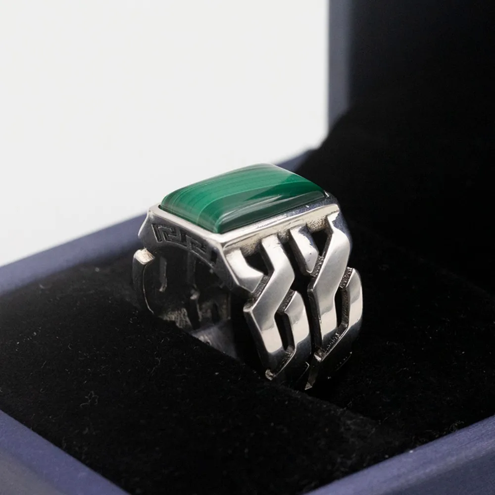 Wholesale Men Ring Base real 925 Sterling Rings Green Rectangle Malachite Stone Rings Men Silver