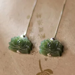 Original natural Hetian jasper lotus earrings for women court style charm Light luxury S925 silver long ear hook jewelry