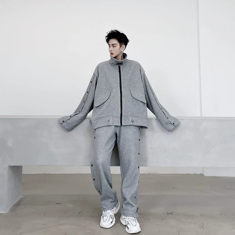 Spring 2022 Style Side Button Design Loose Men's Casual Sports Suit Black Grey Zippe Coat + Sweatpants Two Pieces Set Y2242