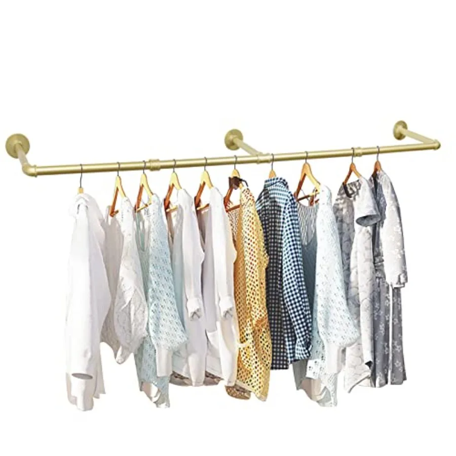 

Gold Wall Mounted Clothes Rack Industrial Pipe Garment Rack Hanging Rod Bar for Closet Storage Laundry Room Up to Max Load 132l
